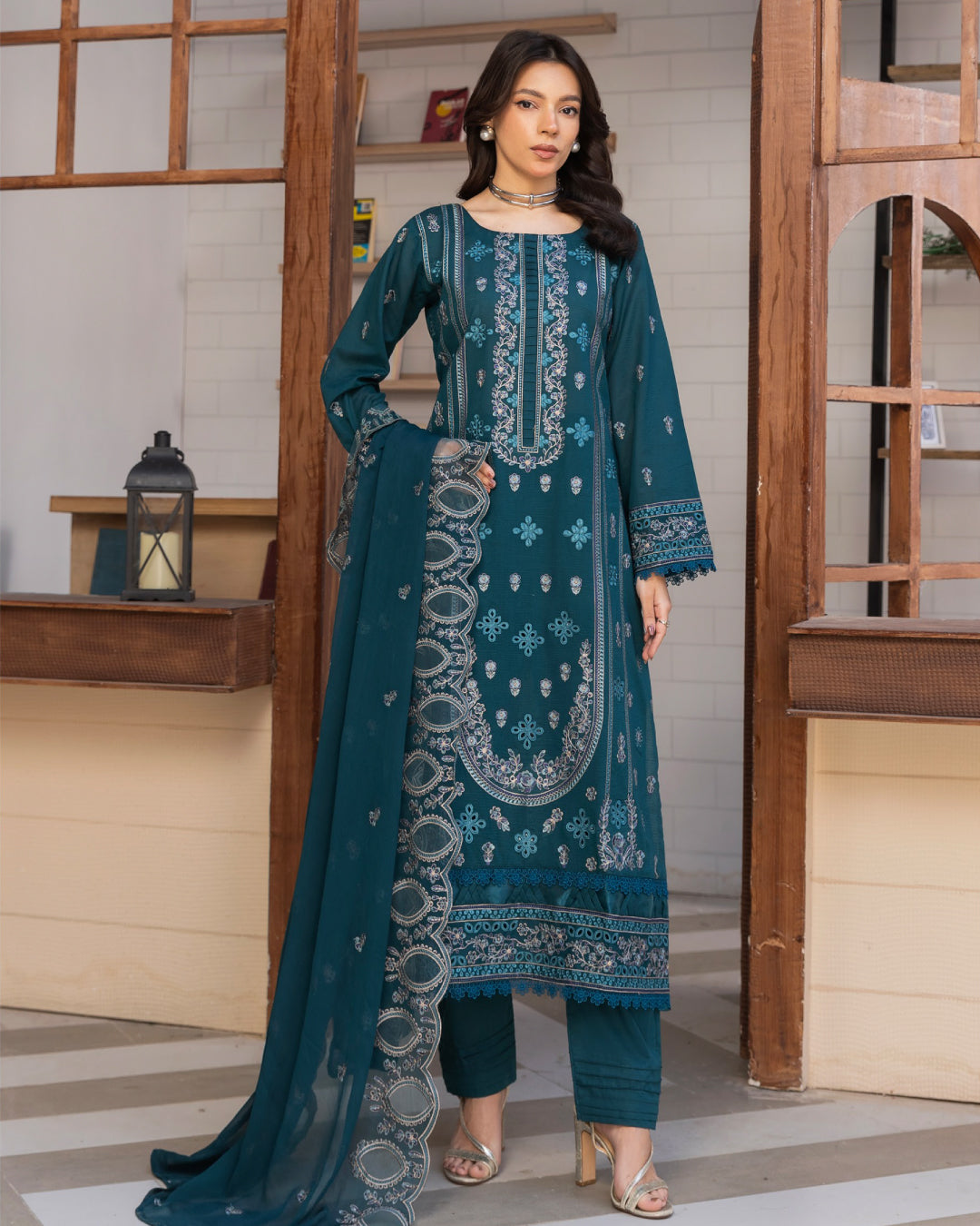 Shahkar Lawn by AALAYA | Embroidered Stripe Suit | Article-03-Oceanic Zinc Blue