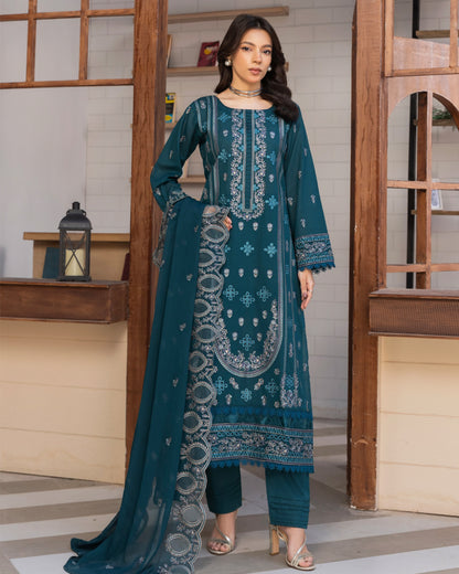 Shahkar Lawn by AALAYA | Embroidered Stripe Suit | Article-03-Oceanic Zinc Blue