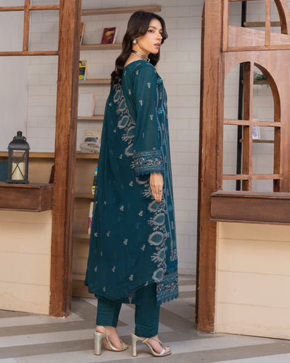 Shahkar Lawn by AALAYA | Embroidered Stripe Suit | Article-03-Oceanic Zinc Blue