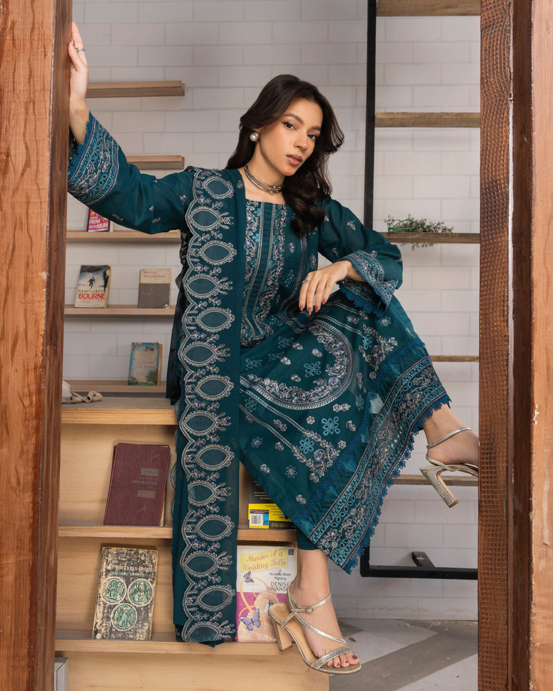 Shahkar Lawn by AALAYA | Embroidered Stripe Suit | Article-03-Oceanic Zinc Blue