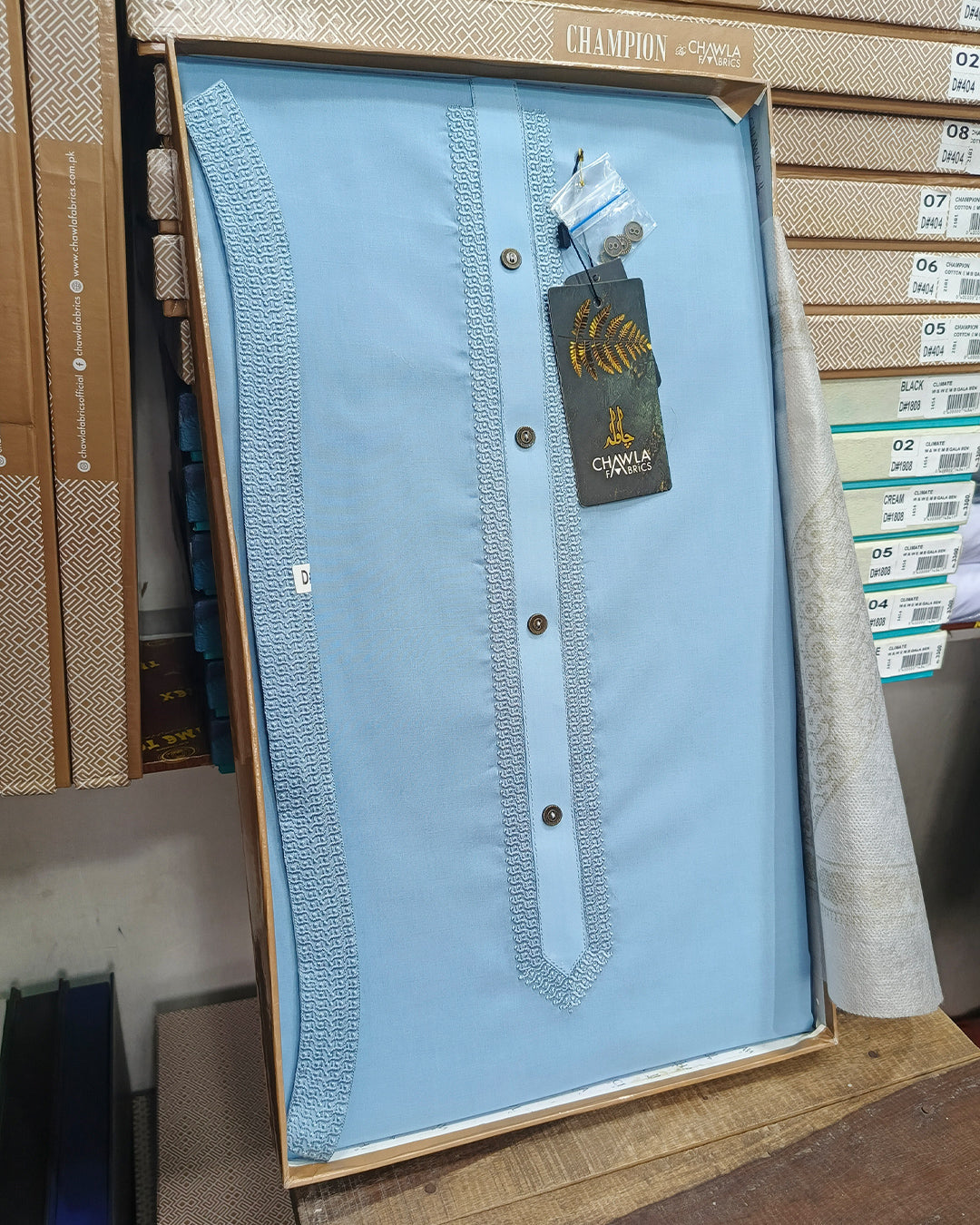 Sky Blue Cotton Embroidery Gala Ban Unstitched Suite Article 503