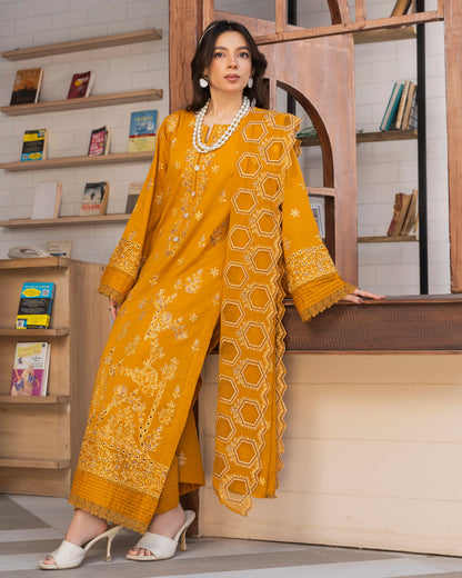 Shahkar Lawn by AALAYA | Embroidered Stripe Suit | Article-02-Yellow