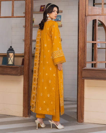 Shahkar Lawn by AALAYA | Embroidered Stripe Suit | Article-02-Yellow