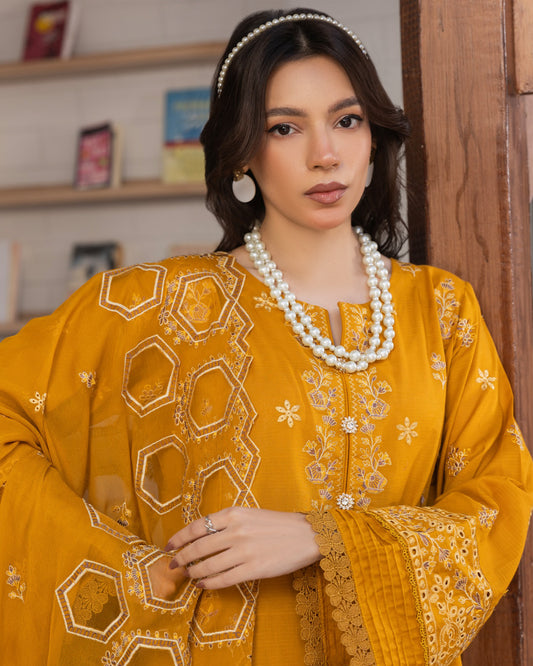 Shahkar Lawn by AALAYA | Embroidered Stripe Suit | Article-02-Yellow